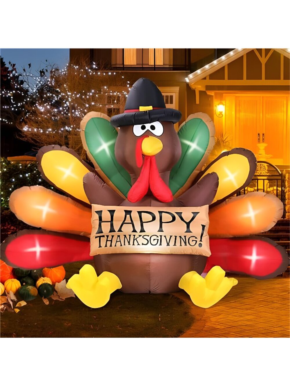 6FT Thanksgiving Inflatables Turkey Decor with Pilgrim Hat & Colorful